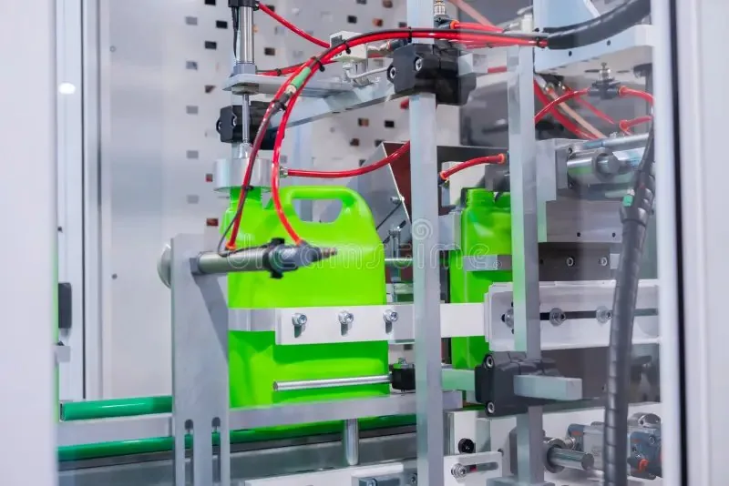 Automatic blow moulding machine producing green plastic jerry cans