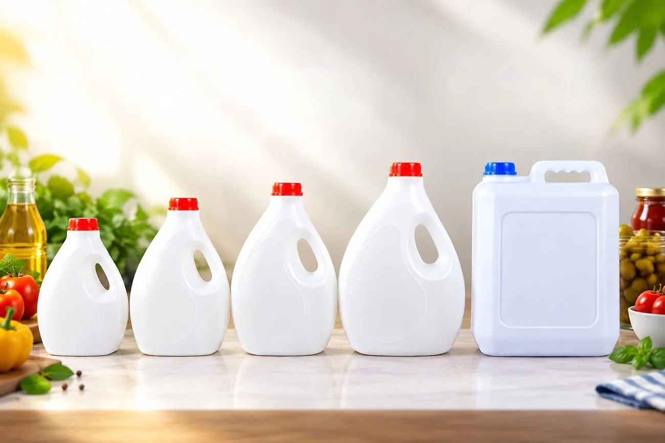 A row of white plastic jugs and a jerry can with red and blue caps