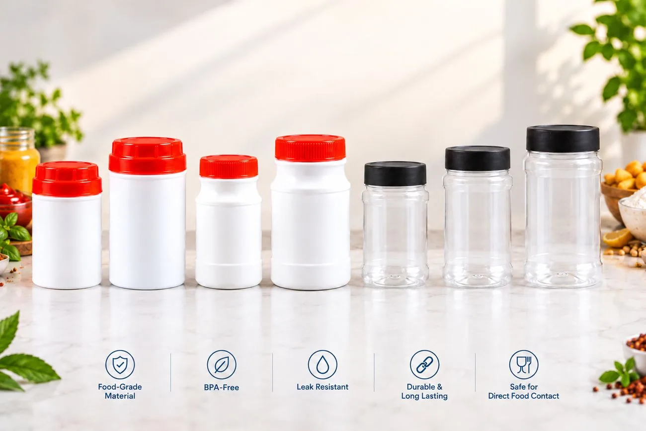 A range of white and clear plastic jars with red and black lids, with icons for food-grade material, BPA-free, leak resistant, durable and safe for direct food contact