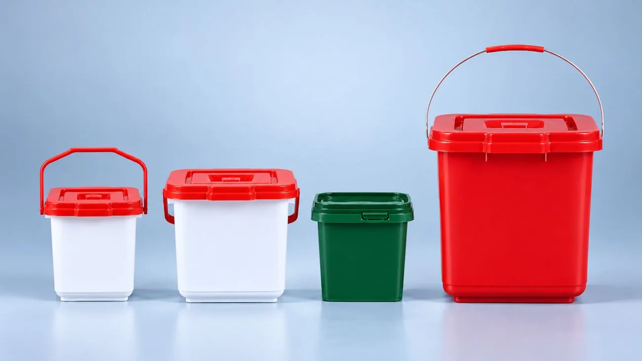 Square plastic buckets with lids and handles in white, green and red, shown in graduated sizes
