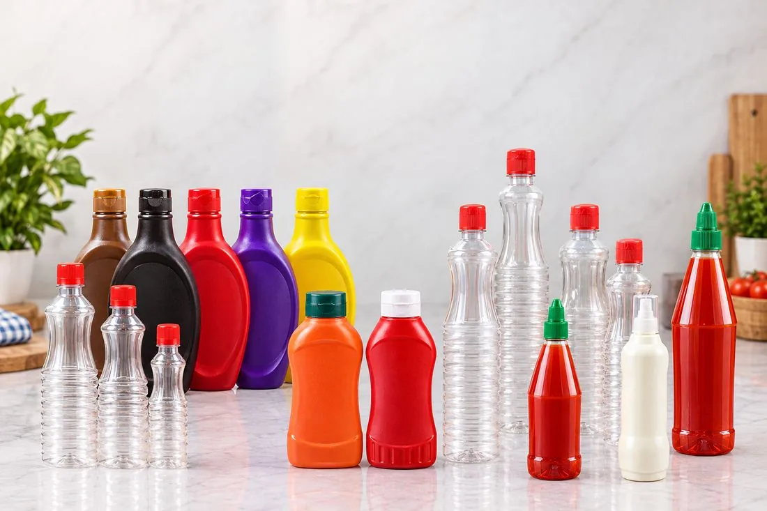 A range of plastic bottles: clear PET bottles and coloured squeeze bottles with different caps