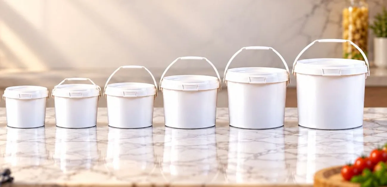 A row of six white plastic food buckets with lids and handles in graduated sizes on a sunlit kitchen worktop